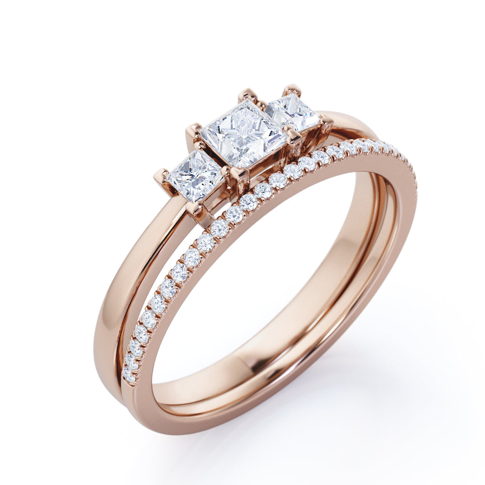 Antique Trilogy 0.85 carat Princess cut Moissanite and diamond eternity wedding ring set for women in White gold