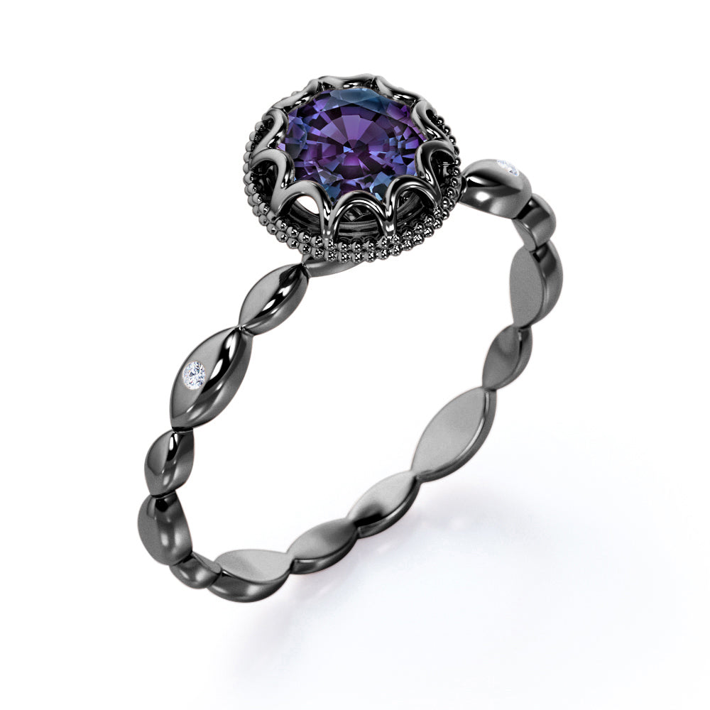 Vintage Scalloped 0.5 carat Round cut Synthetic Alexandrite and diamond milgrain halo engagement ring in White gold