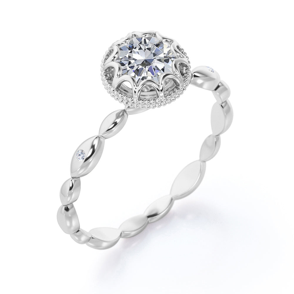 Hidden Halo 1 carat Round cut Moissanite scalloped engagement ring in Rose gold