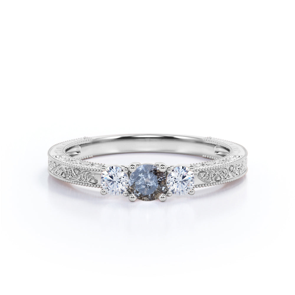 Three stone 0.5 carat Round cut Salt and pepper diamond and White diamond Filigree Milgrain Engagement ring in White gold