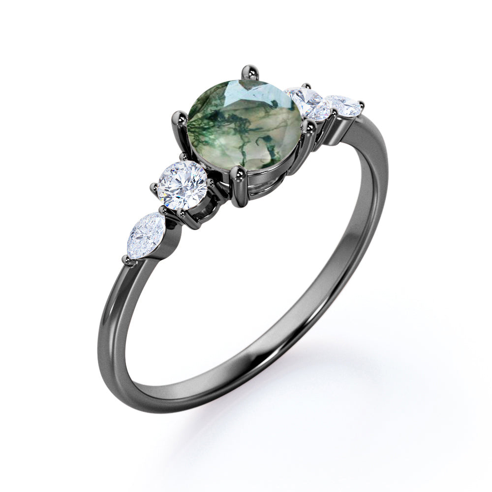 Artistic Prong basket 1.1 carat Round cut Moss Green Agate and diamond 5 stone engagement ring in Rose gold
