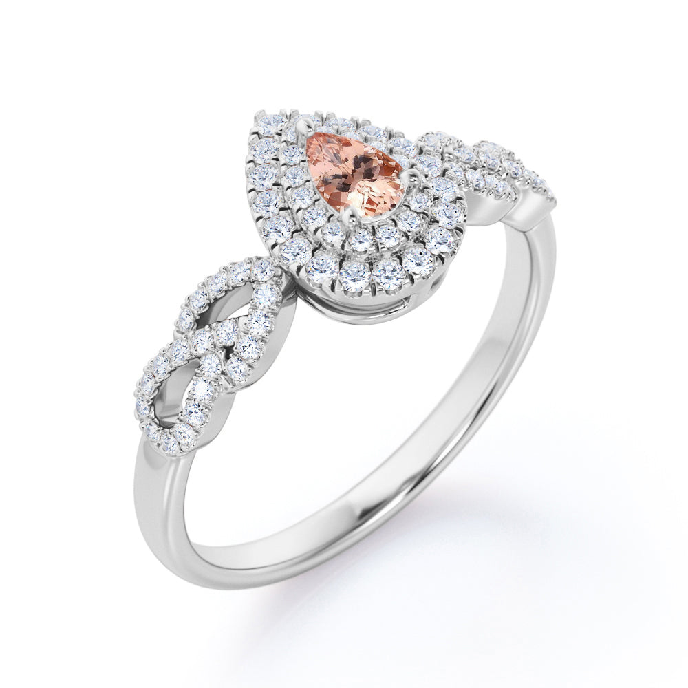 1.5 carat Pear cut Peach Morganite and diamond twisted double halo engagement ring in Rose gold