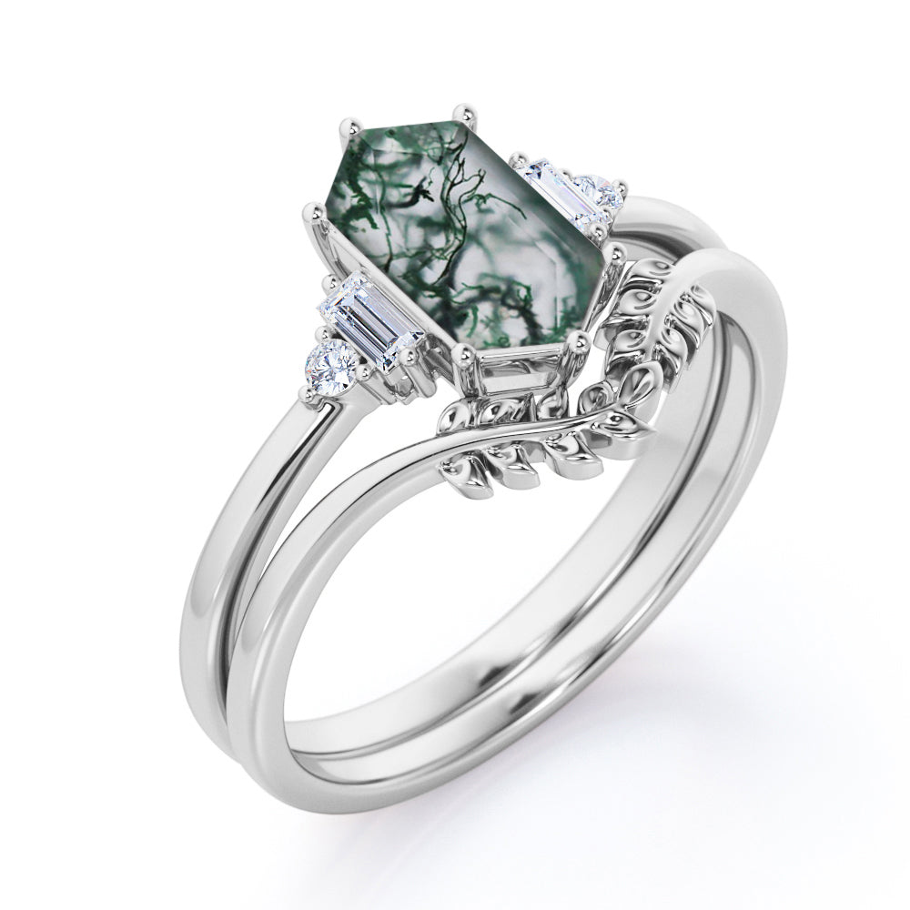 Leaf inspired Chevron 1.1 carat Hexagon shaped Moss Green Agate and diamond wedding ring set in Rose gold