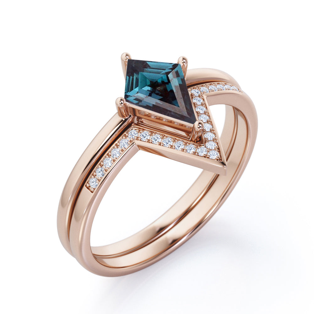 Solitaire Prong 1.25 carat Kite shaped Lab created Alexandrite and diamond contoured wedding ring set in White gold