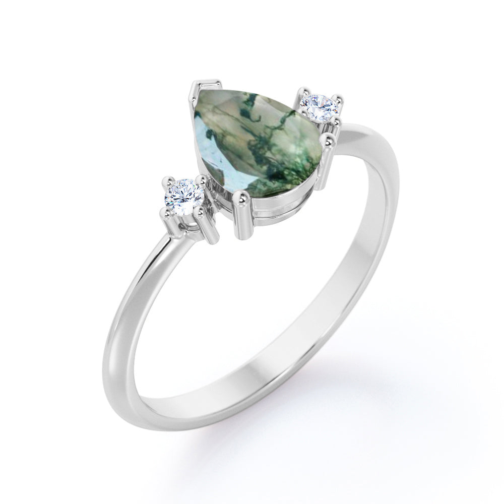 Vintage trinity 1.1 carat Pear cut Moss Green Agate and diamond pinched shank engagement ring in Rose gold