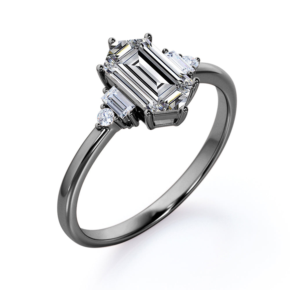 Unique 5 stone 1.1 carat Hexagonal Moissanite and diamonds engagement ring in White gold