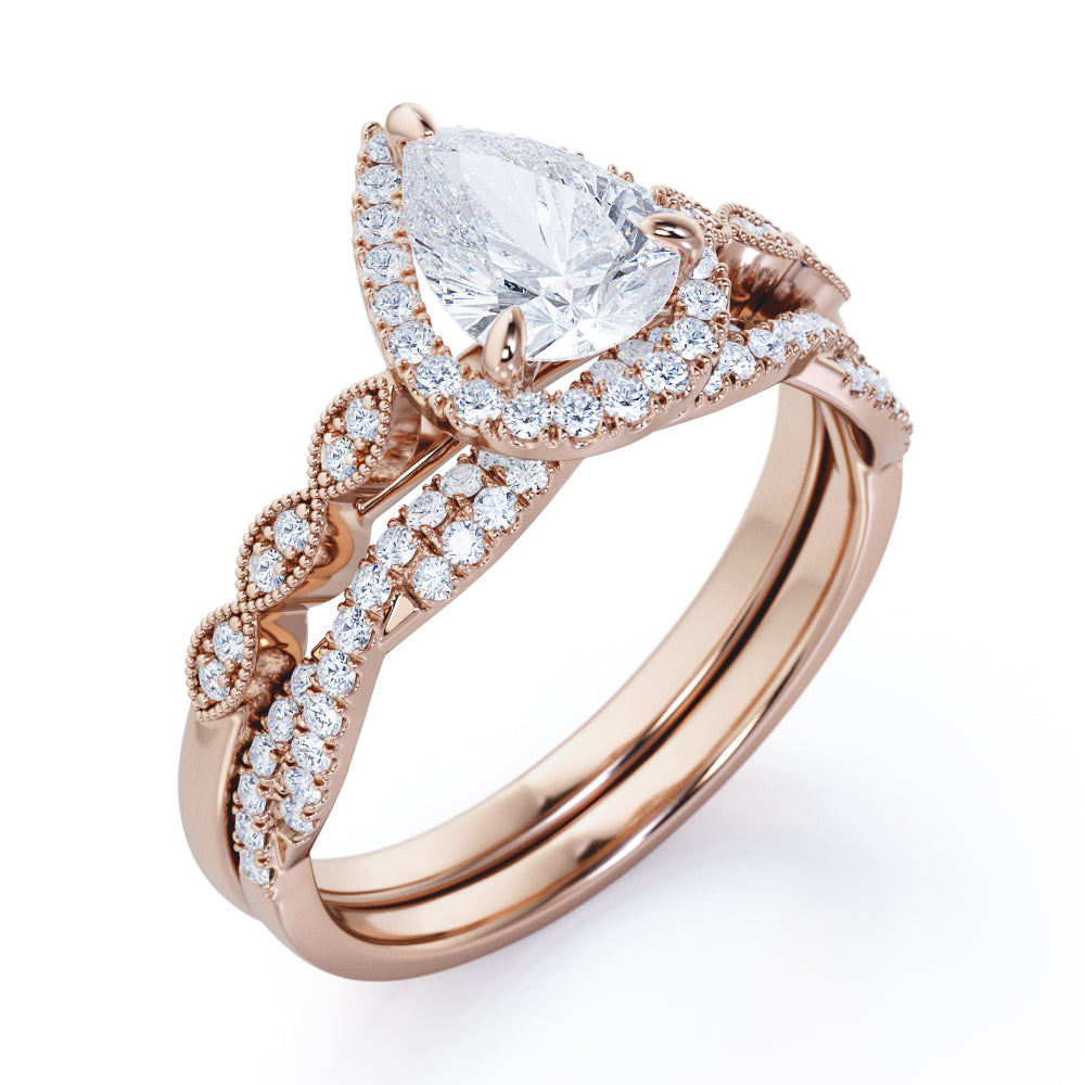 Milgrain Edge 1.60 carat pear shaped moissanite and diamond vintage infinity ring set in White gold- wedding ring set