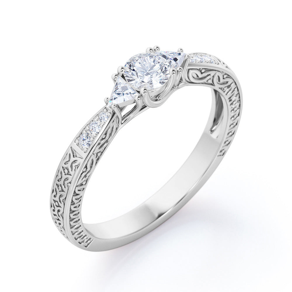 Antique Leaf engraved 0.45 carat Round cut diamond trilogy engagement ring for her