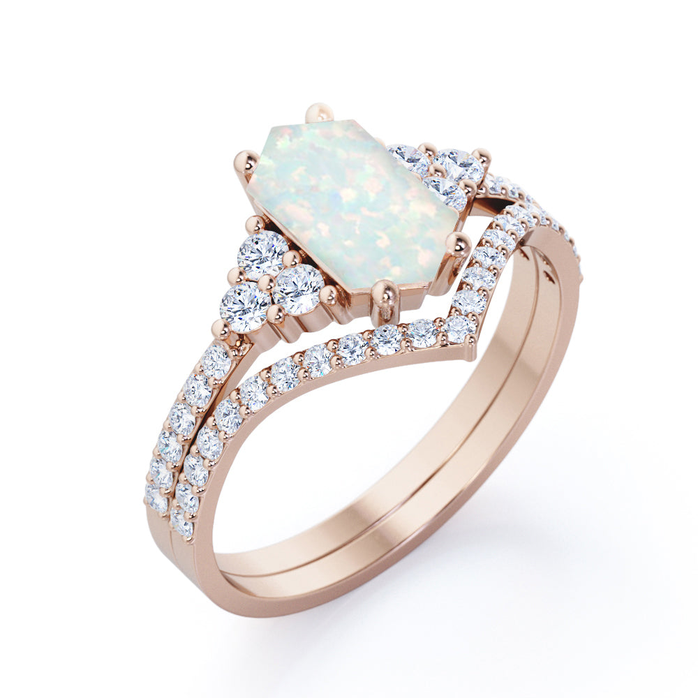 Geometric 1.40 carat Hexagon cut Ethiopian Opal and diamond V-shaped wedding ring set for women in Black gold