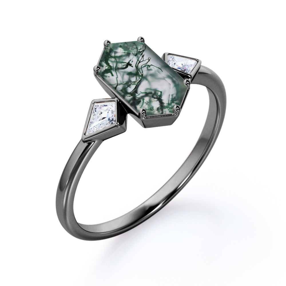 Antique Trinity 1.2 carat Hexagon shaped Moss Green Agate and Kite diamonds engagement ring in White gold