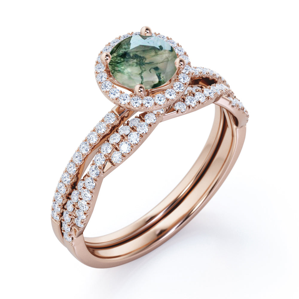 Classic Halo 1.75 carat Round cut Moss Green Agate and diamond Art deco Anniversary ring set for her - Wedding ring set