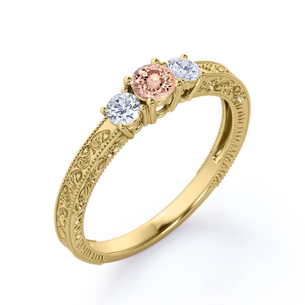 Vintage Milgrain 1.1 carat Round cut Peach Morganite and diamond victorian filigree - three stone engagement ring in White gold