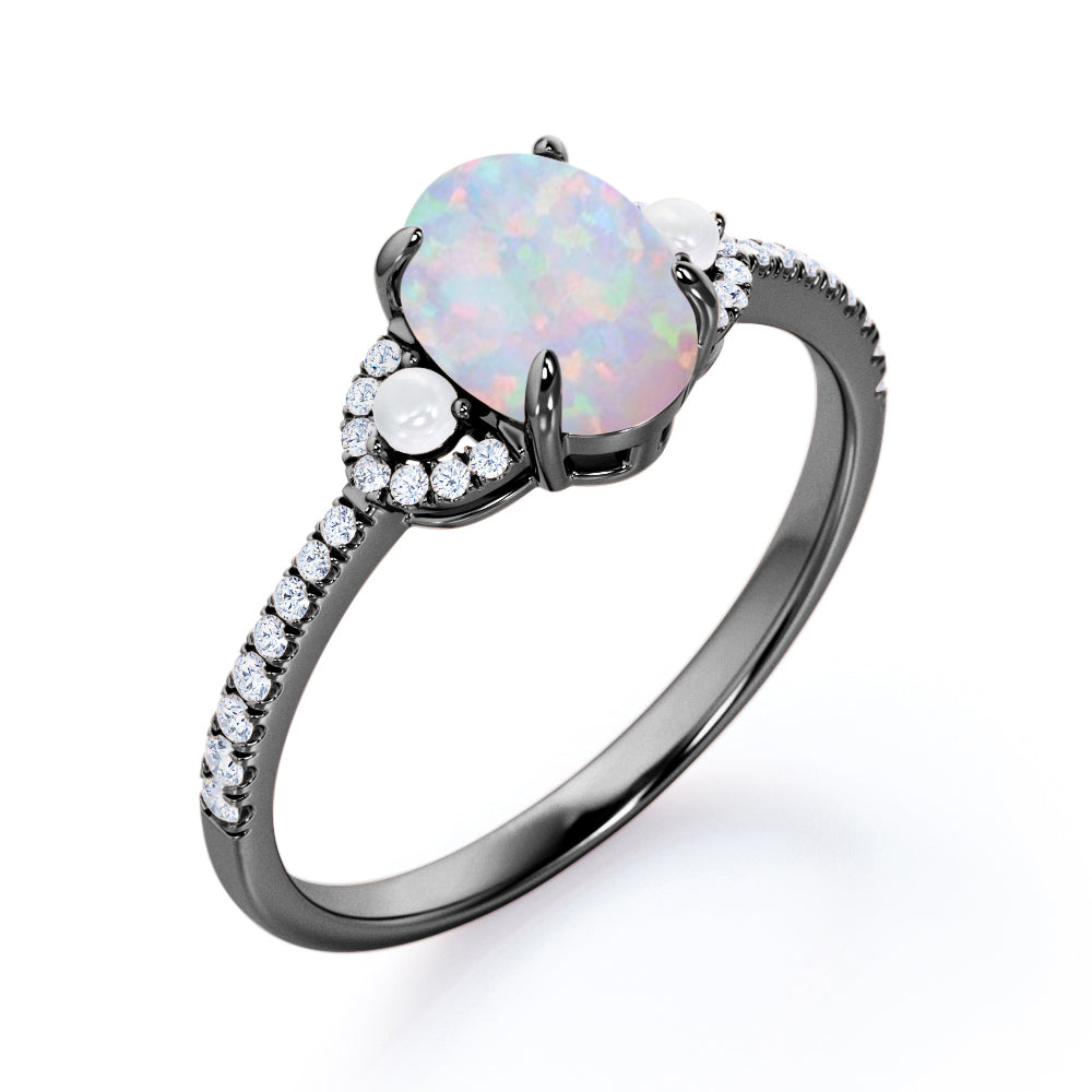 Exquisite Freshwater pearl 1.45 carat Oval cut Ethiopian Opal and diamond claw prong wedding ring set for her in Rose gold