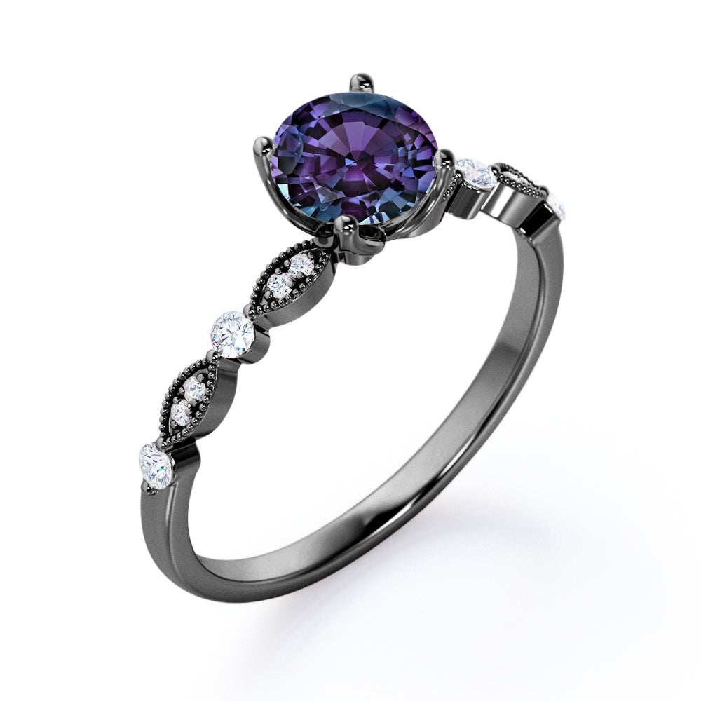 Authentic 1.1 carat Round cut Lab made Alexandrite and diamond-Milgrain-classic prong engagement ring in White gold