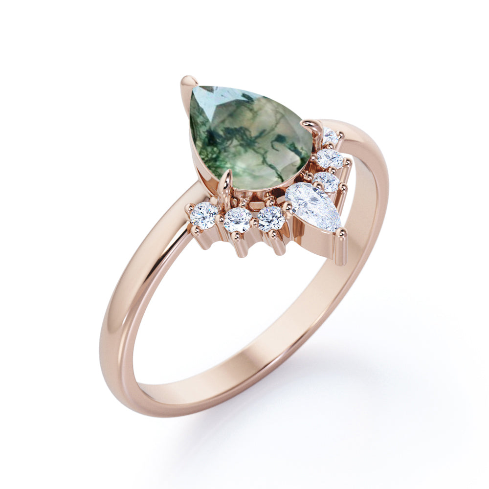 Royal Tiara style 1.15 carat Pear cut Moss Green Agate and diamond engagement ring in White gold