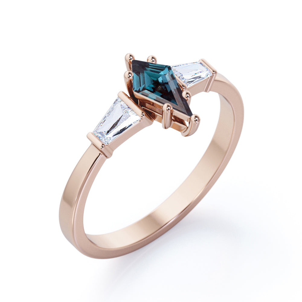 Baguette style 1.1 carat Kite shaped Alexandrite and diamond unique three stone engagement ring in White gold