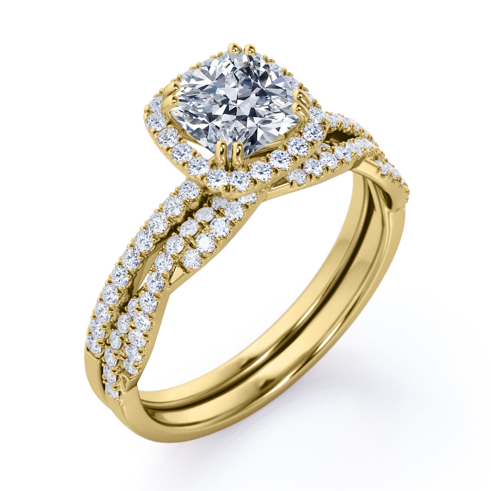 Elegant 1.65 carat Cushion cut Moissanite and diamond art deco wedding ring set for women in gold