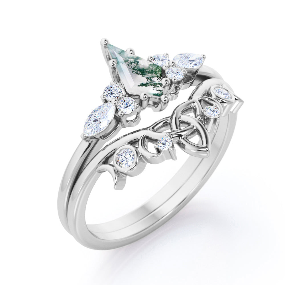 Contoured triad and chevron 1.25 carat Kite shape Moss Green Agate and diamond-7 stones-art deco inspired wedding ring set in Rose gold