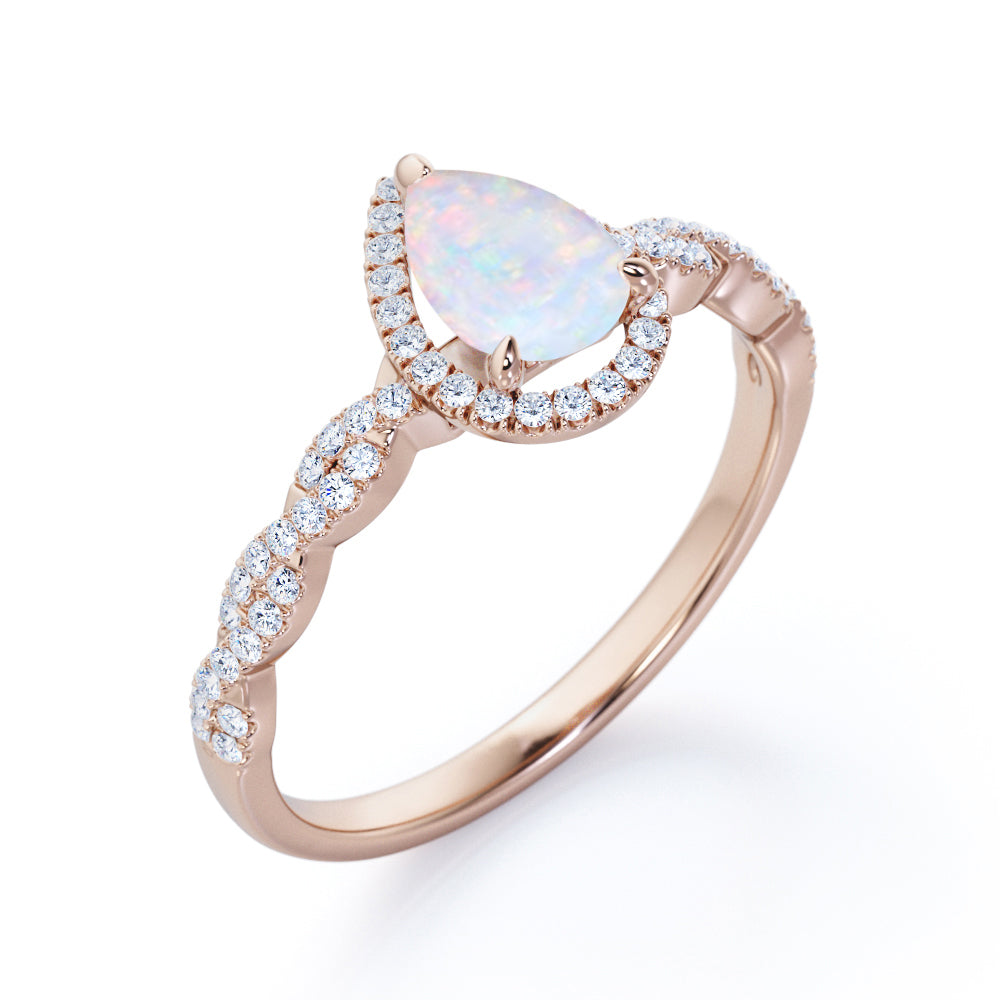 Antique infinity 1.5 carat Pear cut Australian Boulder Opal and diamond halo engagement ring in White gold
