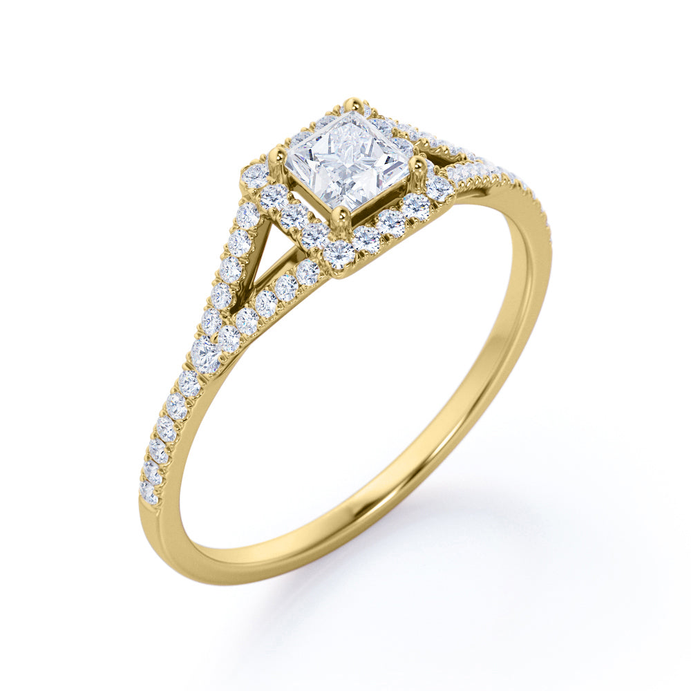 Halo Split shank 0.75 carat Princess cut Moissanite and diamond engagement ring in Rose gold