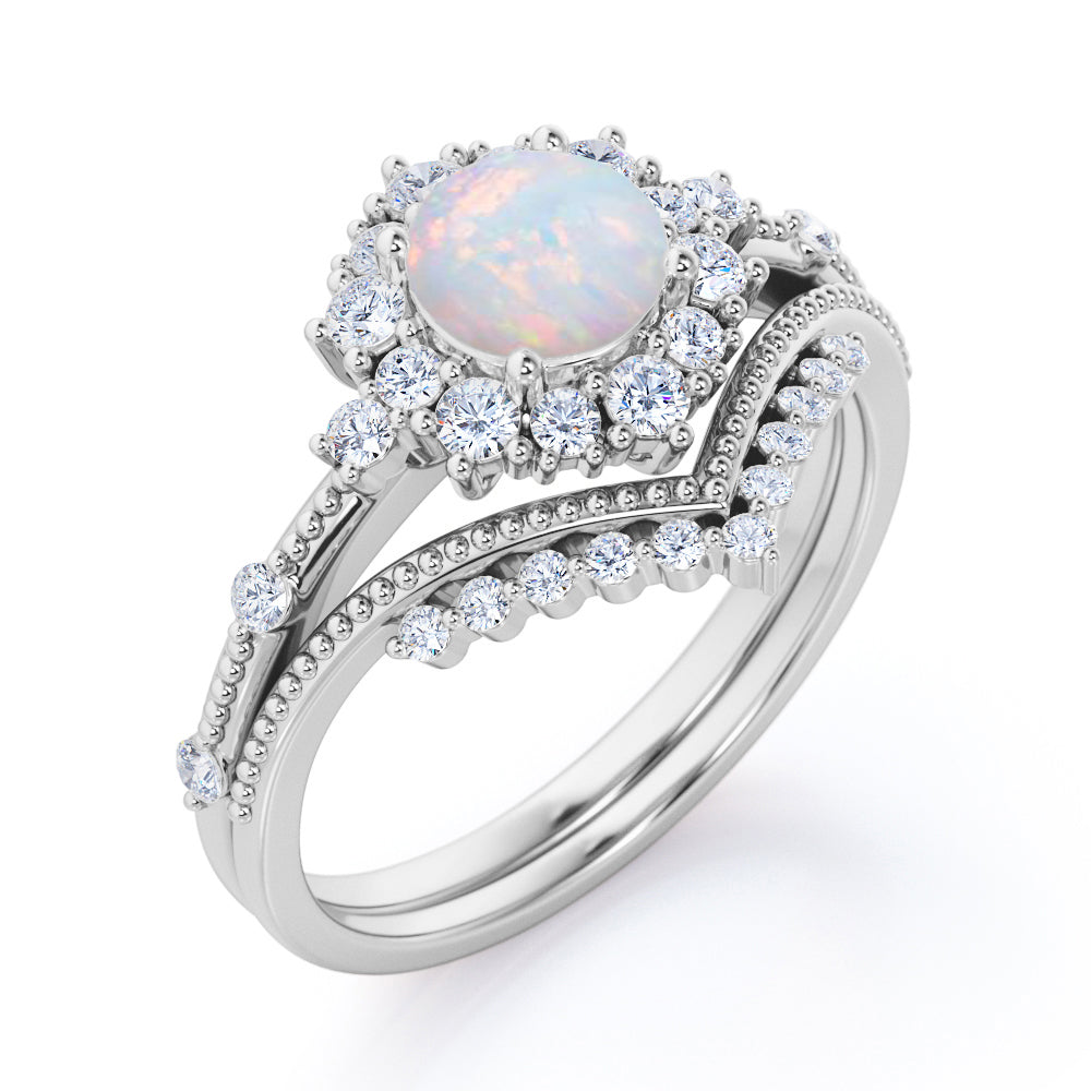 Engraved Chevron 1.35 carat Round cut Ethiopian Opal and diamond vintage halo wedding ring set for women in White gold