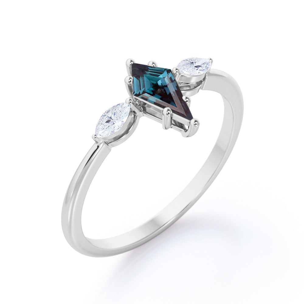Unique trilogy 1.1 carat Kite shaped Lab created Alexandrite and diamond 6 prong engagement ring in Rose gold