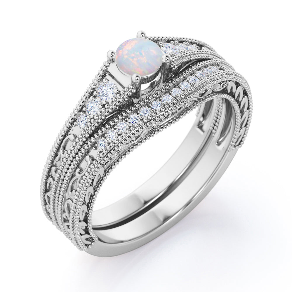 Tapered setting Filigree 1.20 carat Round cut Australian Boulder opal and diamond vintage milgrain Bridal set in Yellow gold