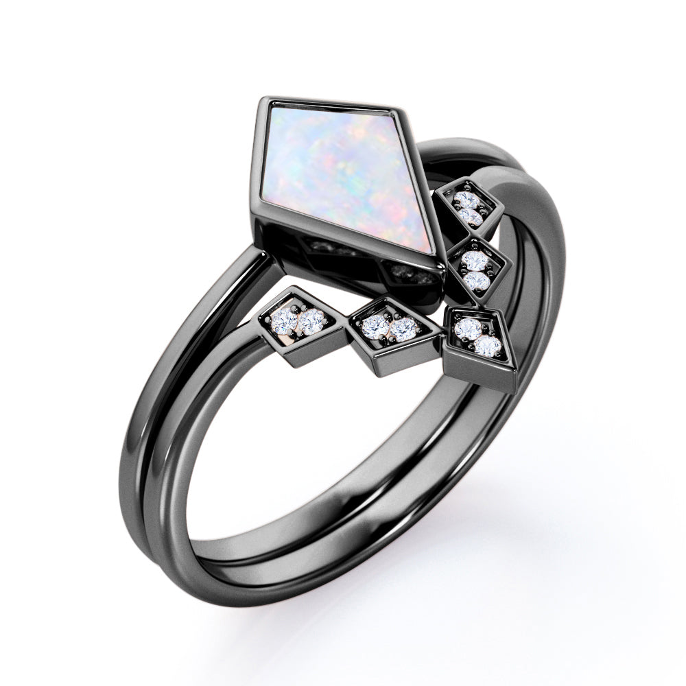 Delicate Chevron 1.15 carat Kite shaped Opal and diamond pinched shank Wedding ring set in White gold