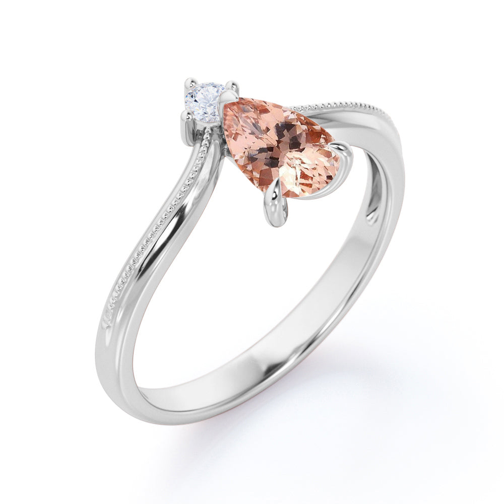 V-shape 1 carat Tear drop Morganite and diamond Milgrain engagement ring in White gold