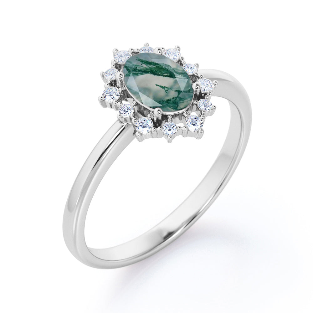 Snowflake Cluster 1.2 carat Oval shaped Moss Green Agate and diamond halo engagement ring in Rose gold