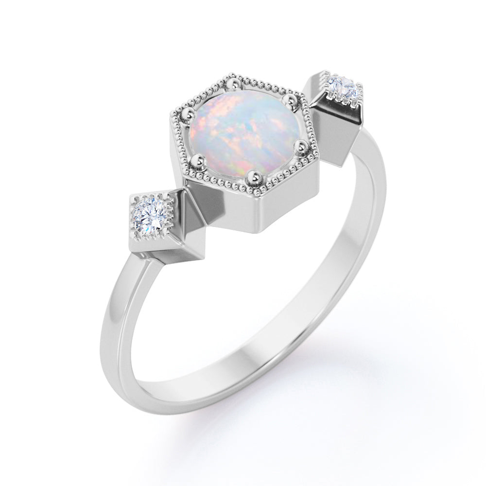 Triple stone 1.10 carat Round cut Ethiopian Opal and diamond 6 prong engagement ring in yellow gold