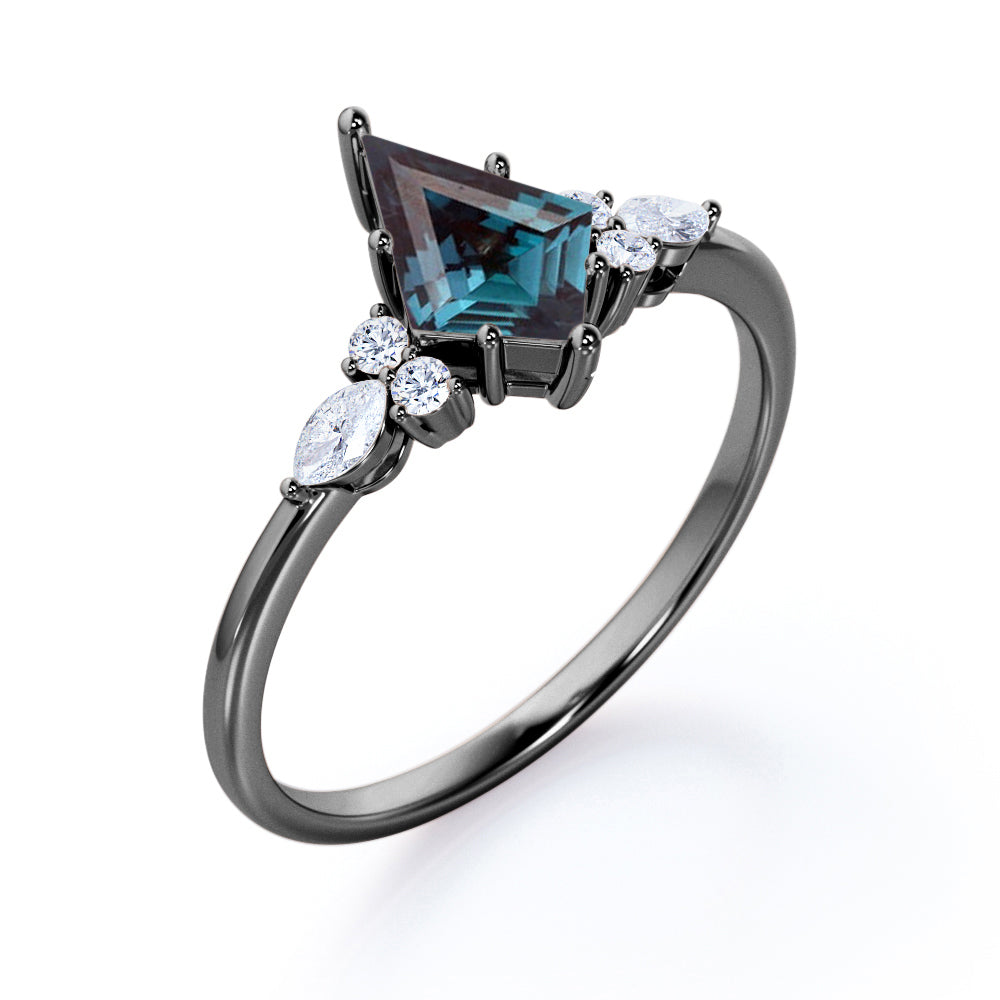 Modern Seven stone 1.1 carat Kite shaped Lab created Alexandrite and diamond six prong style engagement ring for her in White gold