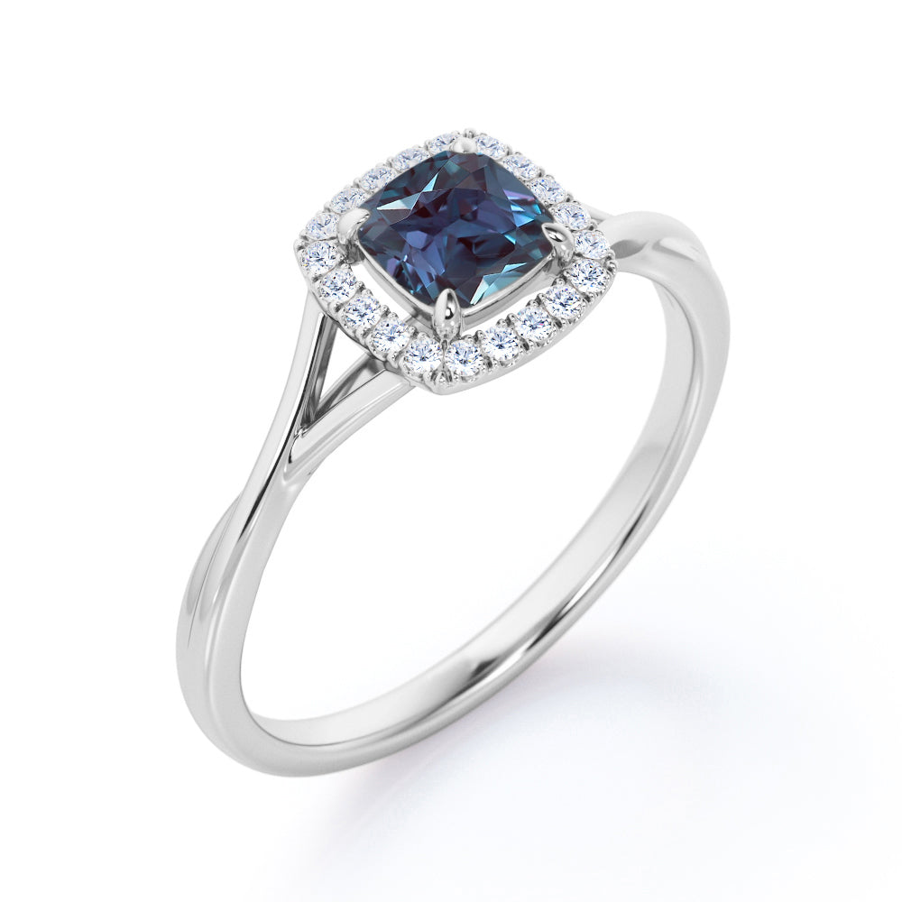 Eccentric Split Shank 1.25 carat Cushion Cut Lab made Alexandrite and diamond vintage inspired engagement ring in Rose gold