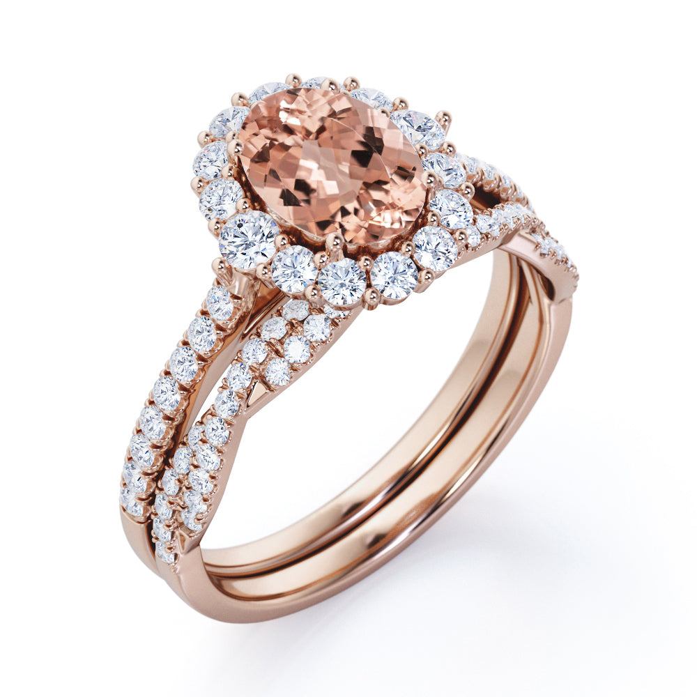 Cluster Halo 1.75 carat Oval cut Morganite and pave diamond - shared prong setting - half-infinity wedding ring set for women in White gold