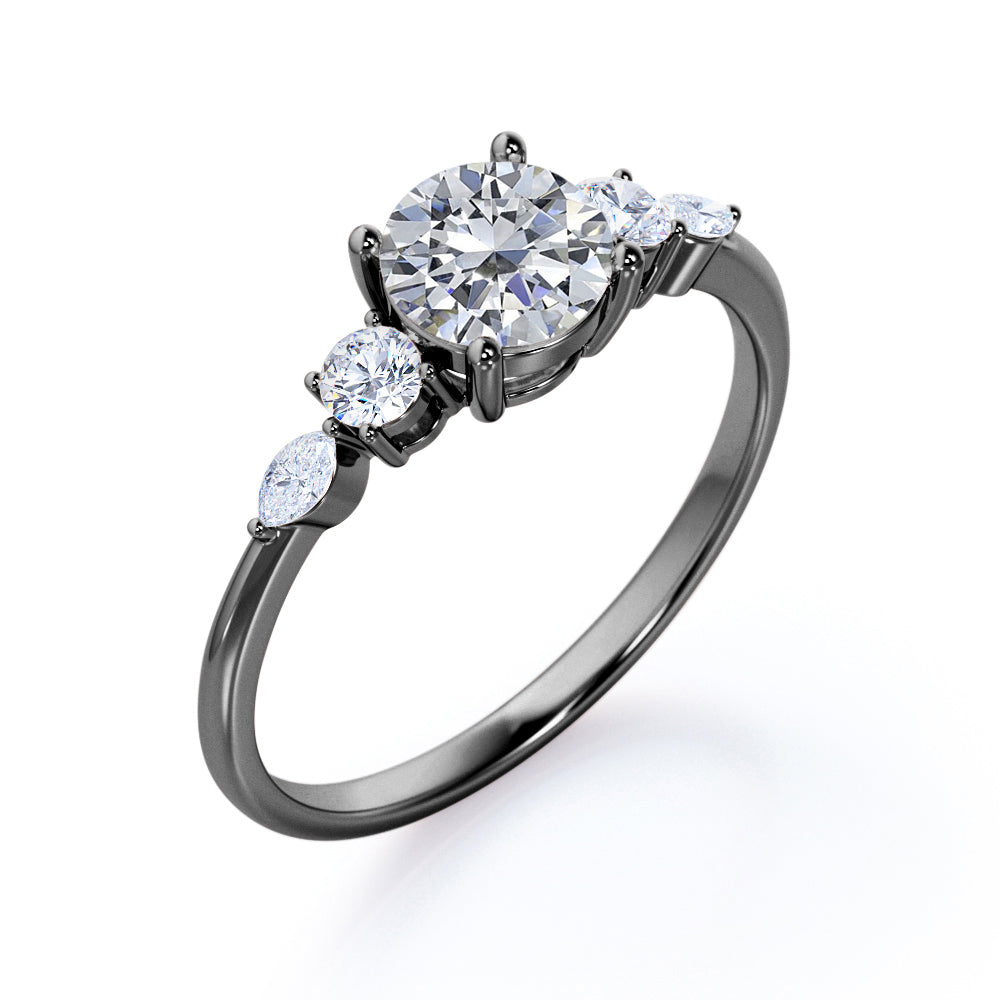 Basket setting 1.15 carat Round shaped Moissanite and diamond 5 stone engagement ring in White gold
