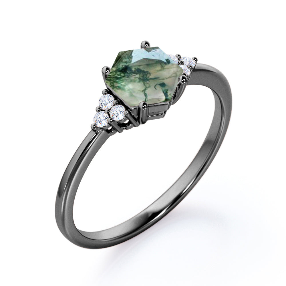 Seven lucky stones 1 carat Hexagon shaped Moss Green Agate and diamond pinched shank engagement ring in White gold