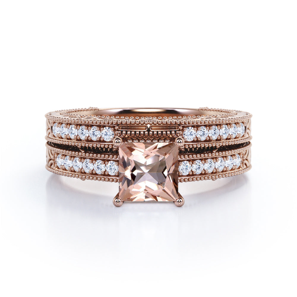 Milgrain Edge 1.25 carat Princess cut Morganite and diamond edwardian art deco engagement rings set-wedding ring set for her