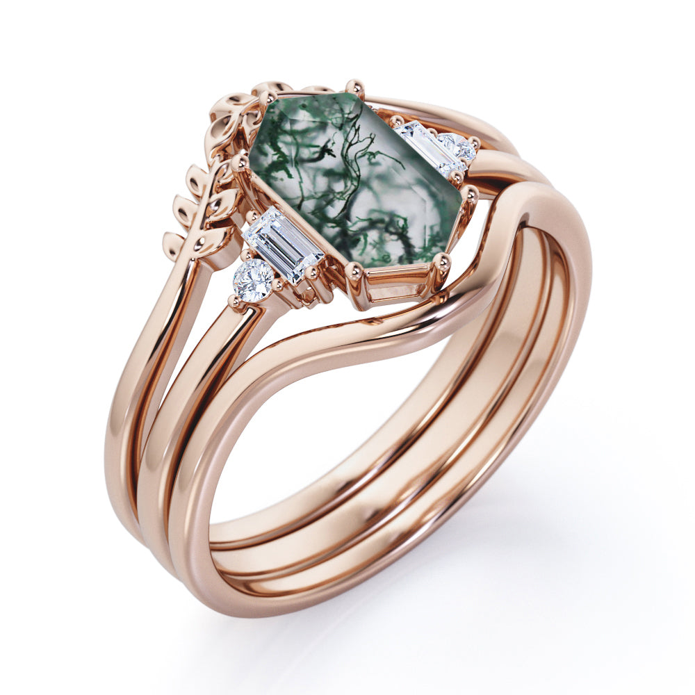 Vintage Double Chevron 1.1 carat Hexagon shaped Moss Green Agate and diamond forest inspired engagement ring in Black gold