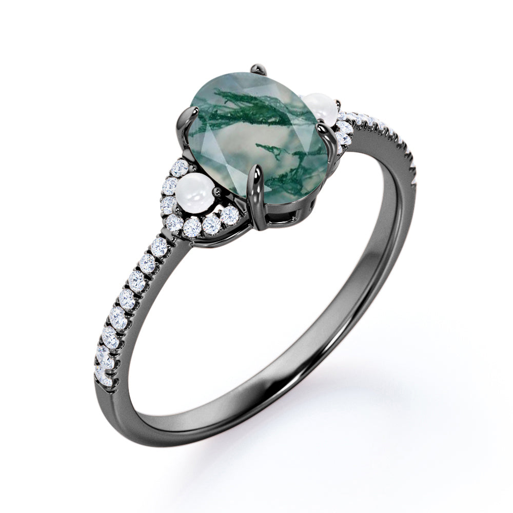 Eternity Pave 1.35 carat Oval shaped Moss Green Agate and diamond with freshwater pearl promise ring in White gold