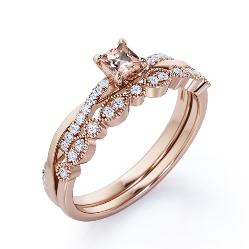 Intertwined vintage 1 carat Princess cut Morganite and diamond Milgrain and infinity wedding ring set in White gold