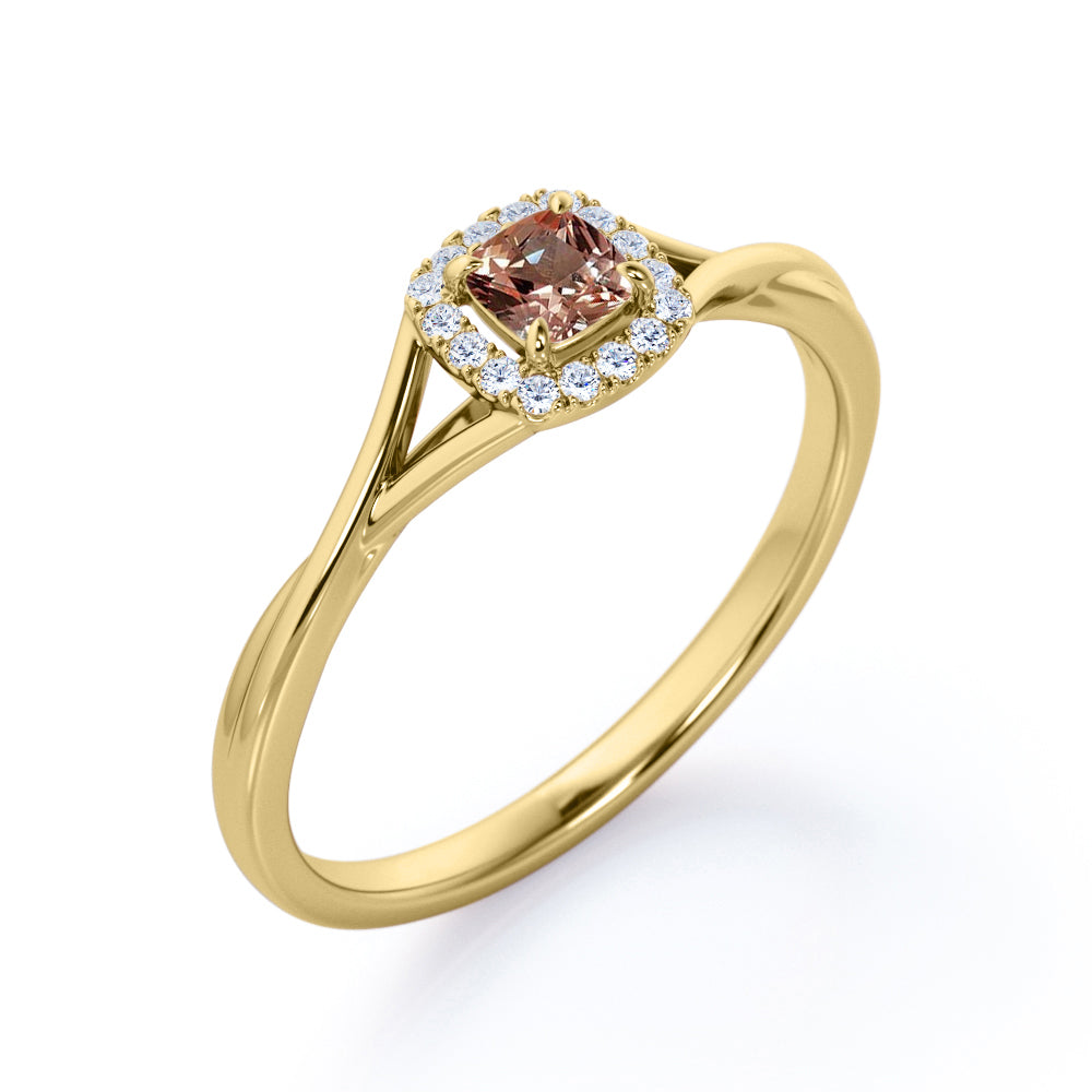 Art Deco Twisted Shank 0.65 carat Cushion cut Peach Morganite and diamond halo engagement ring in Rose gold