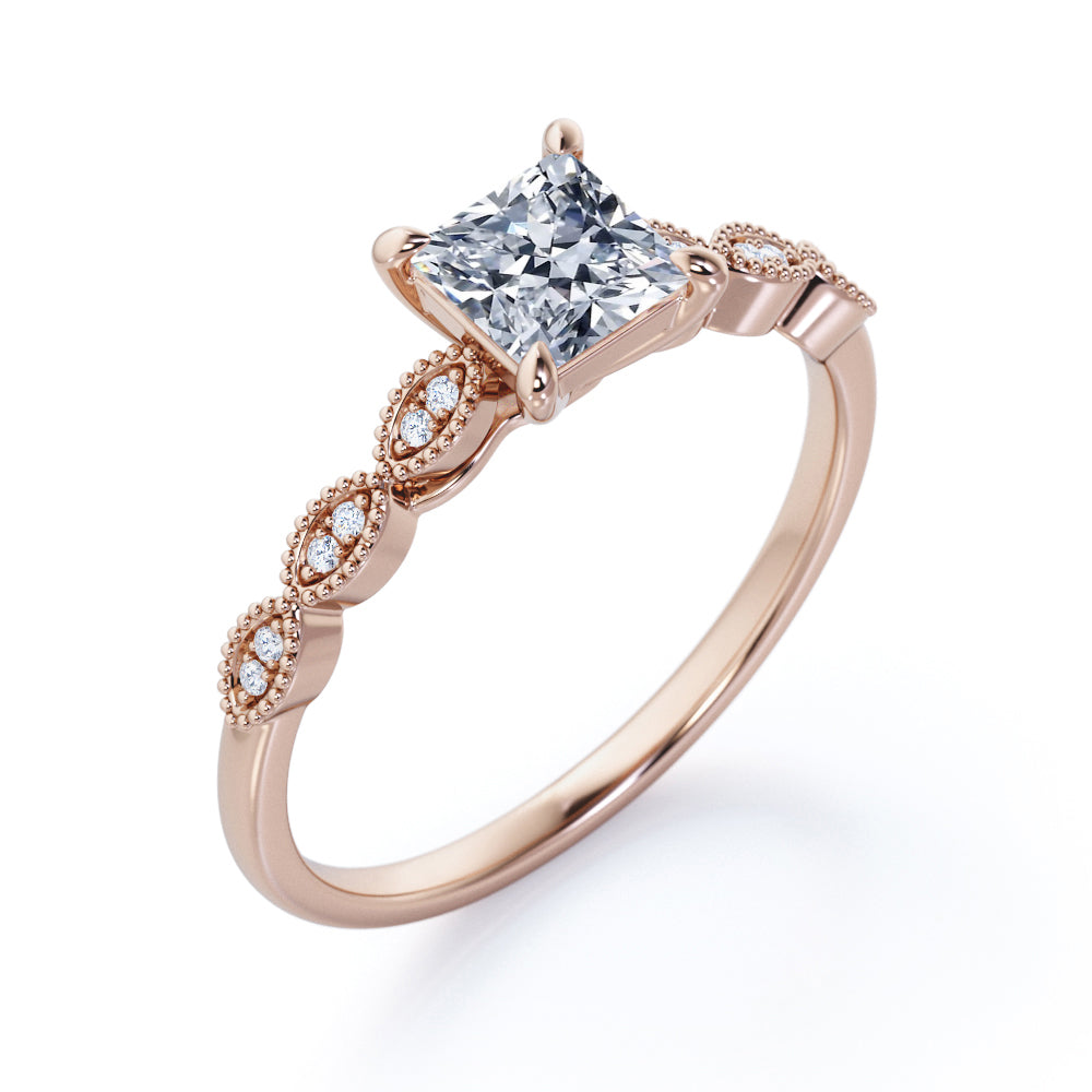 Claw prong setting 1.15 carat Princess cut Moissanite and diamond bead décor engagement ring in White gold