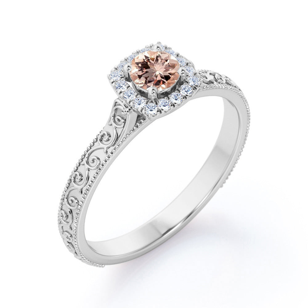 Victorian Filigree 0.9 carat Round cut Morganite and diamond halo Milgrain halo engagement ring set in Rose gold-Bridal set