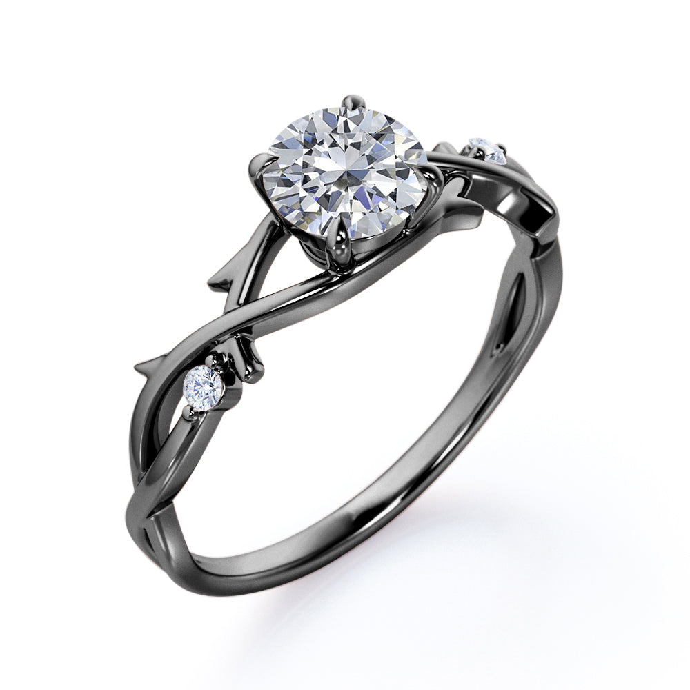 Branch leaf inspired 1 carat Round cut Moissanite and diamond solitaire engagement ring in rose gold