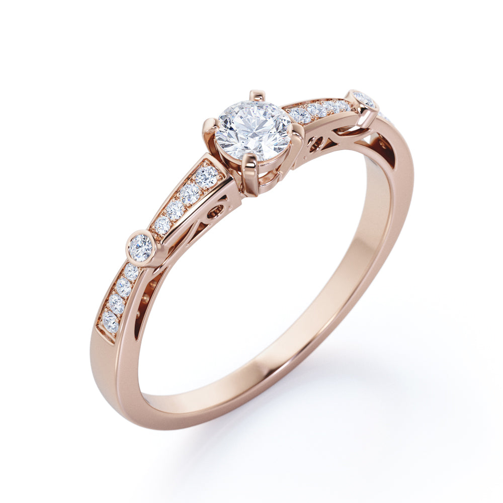 Elegant Baguette style 0.75 carat Round cut Moissanite and diamond channel setting engagement ring in White gold