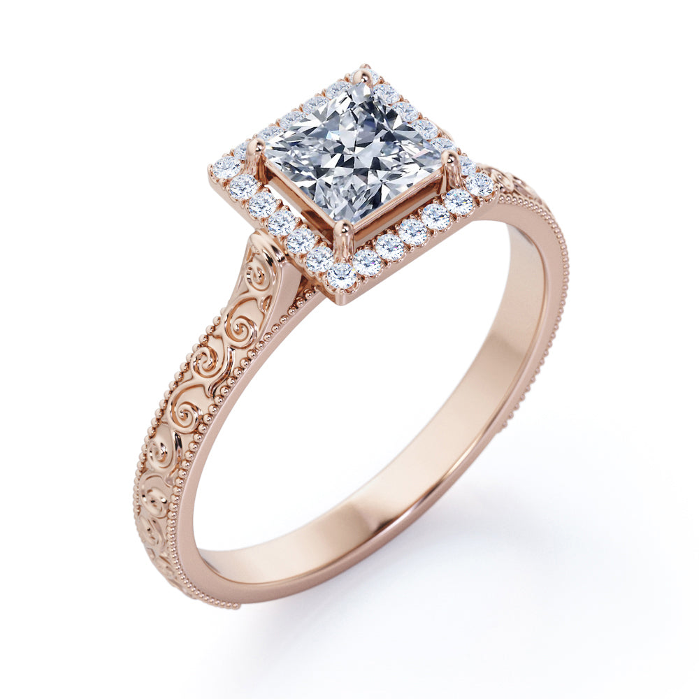 1.15 carat Princess cut Moissanite and diamond vintage filigree engagement ring in Black gold