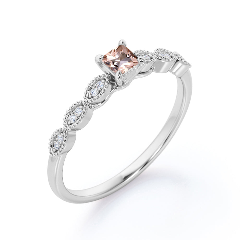 Antique beaded 0.75 carat Princess cut Morganite and diamond claw prong engagement ring in Yellow gold