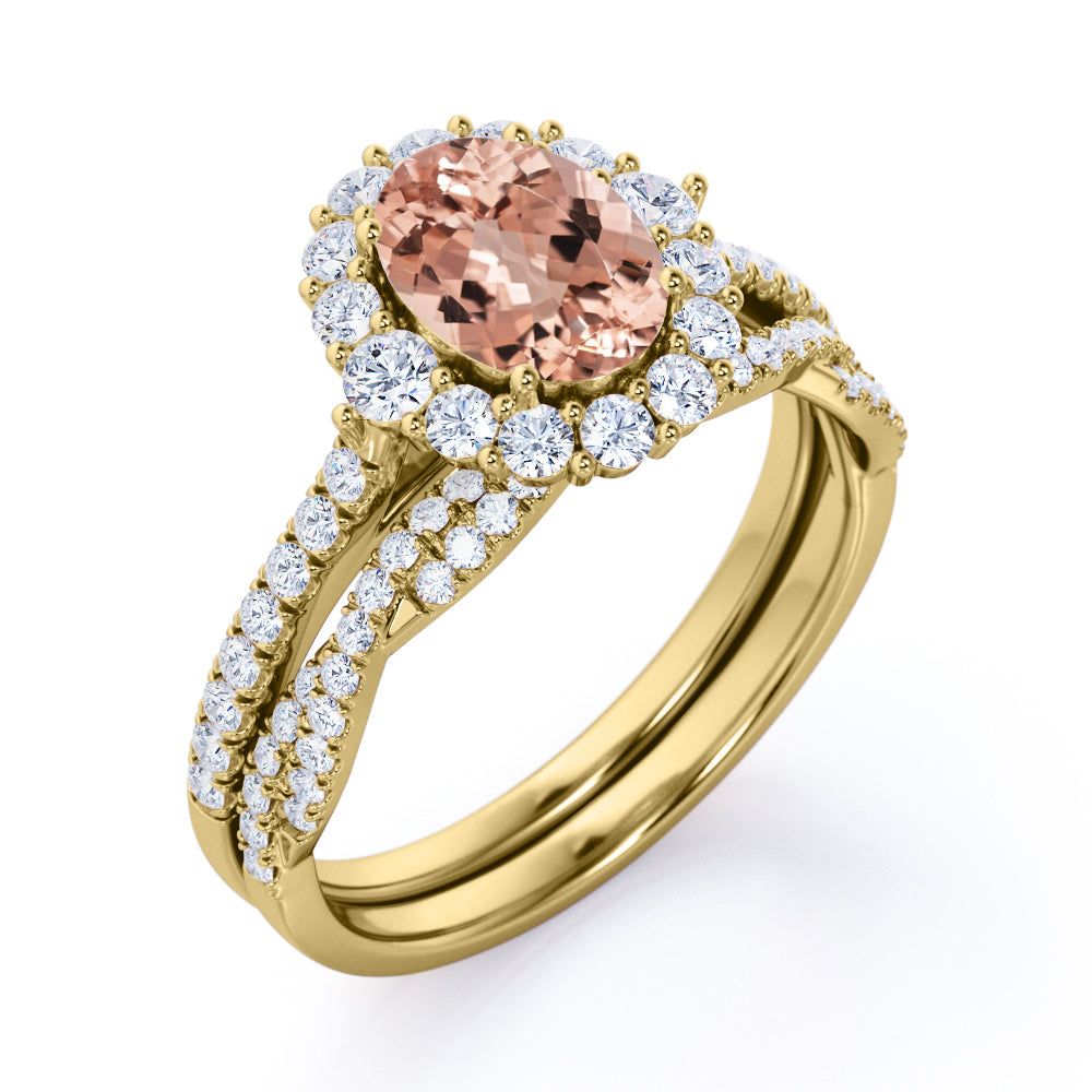 Cluster Halo 1.75 carat Oval cut Morganite and pave diamond - shared prong setting - half-infinity wedding ring set for women in White gold