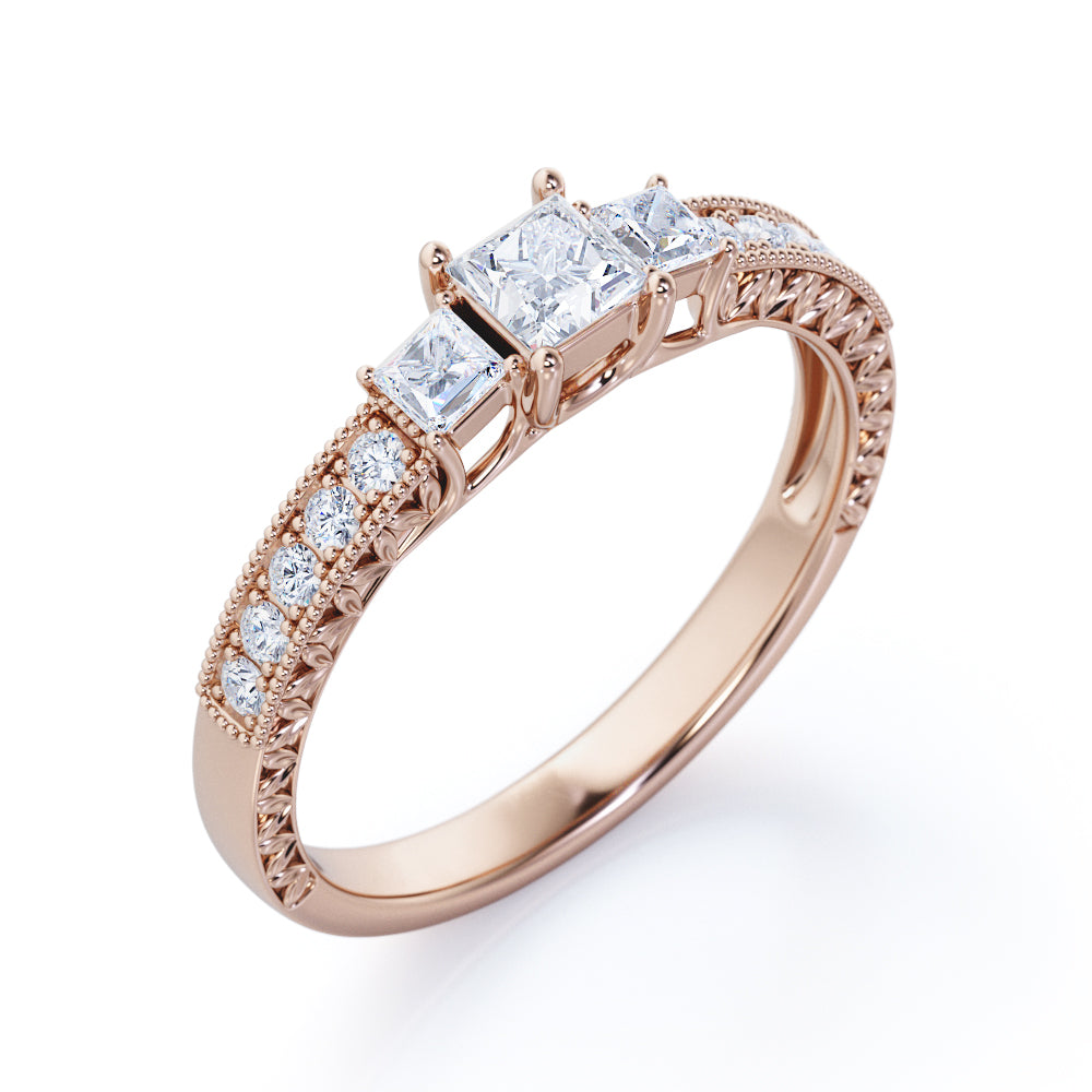 Vintage inspired trilogy 0.75 carat Princess cut Moissanite and diamond art nouveau engagement ring in White gold