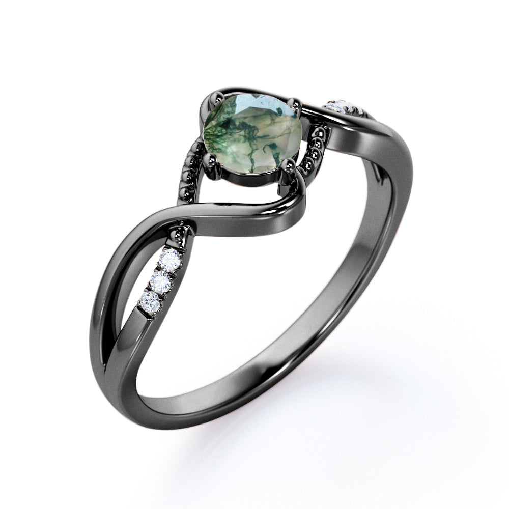 Infinity shank 1.15 carat Round cut Moss Green Agate and diamond milgrain engagement ring in White gold